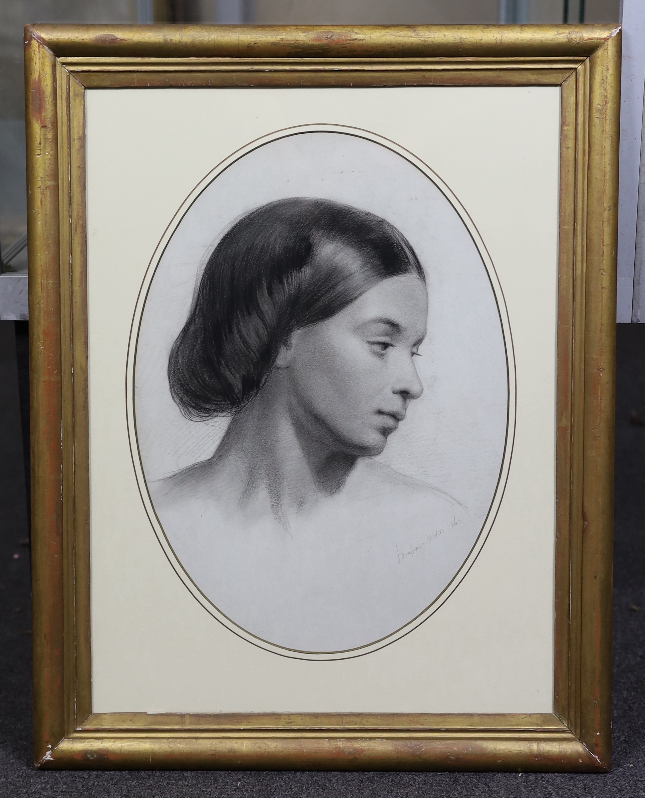 Langham Studio's 1860, pencil on paper, Portrait of a girl, inscribed ’’Langham Studios’’ and dated 1860, Maas Gallery label verso, 44.5 x 32cm., Please note this lot attracts an additional import tax of 5% on the hammer